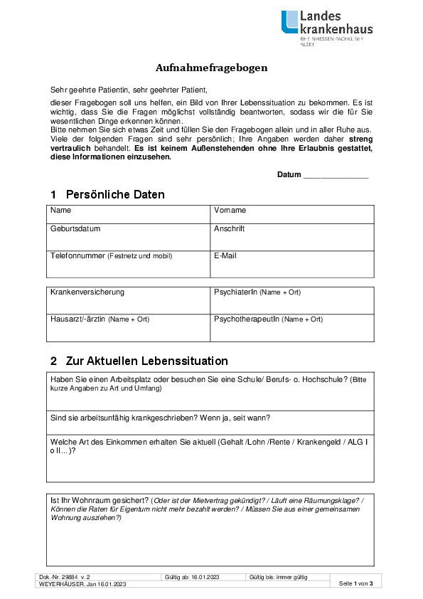 Aufnahmefragebogen Tagesklinik Alzey