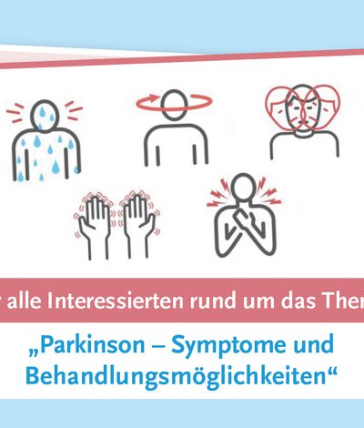 Mehrere Icons, die mögliche Symptome einer Parkinson-Erkrankung aufzeigen