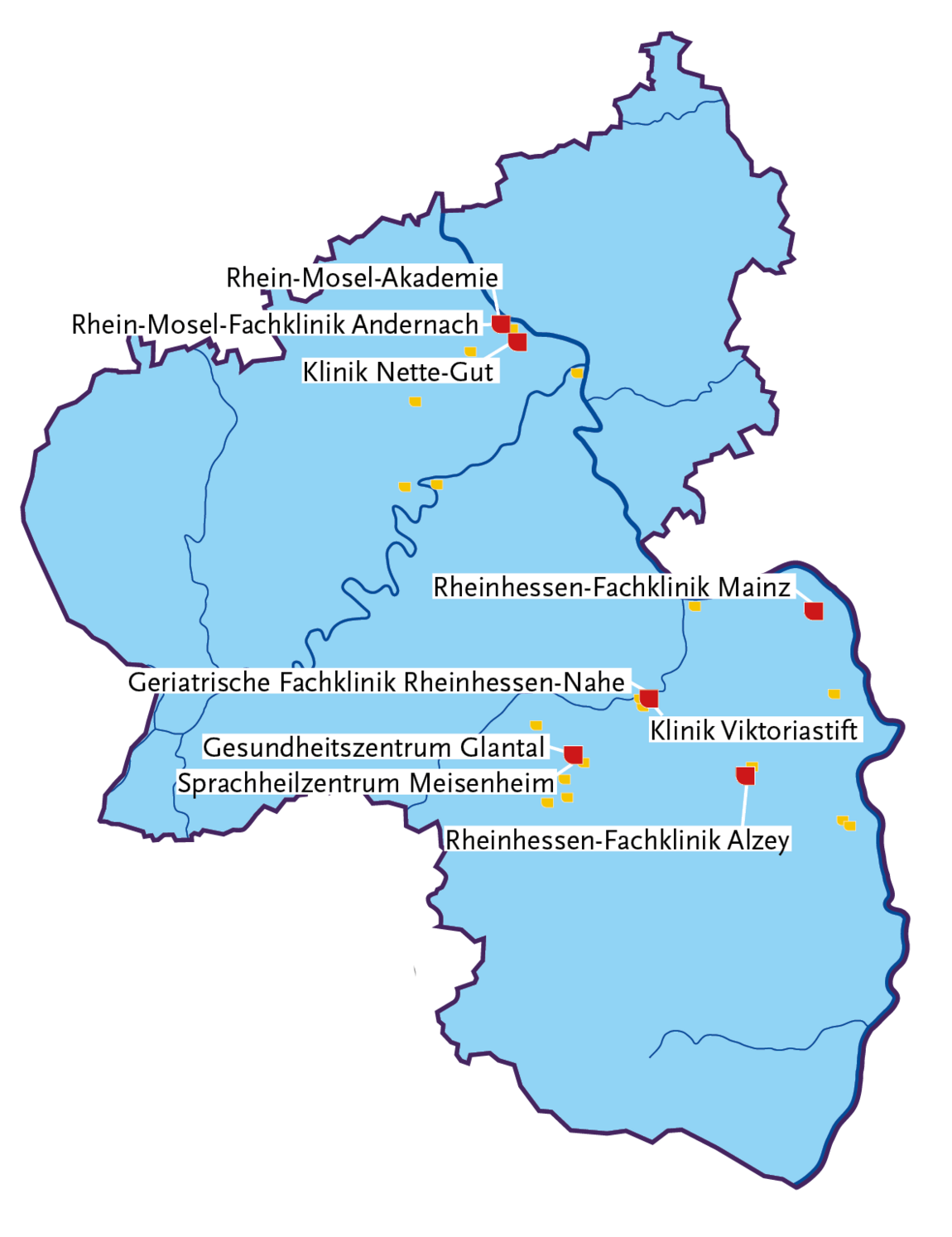 RLP-Karte mit eingezeichneten Standorten des Landeskrankenhauses
