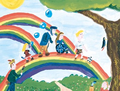 Gemaltes Bild: Regenbogen über den unterschiedliche Personen gemeinsam gehen - Symbol für Inklusion