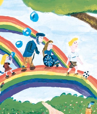 Gemaltes Bild: Regenbogen über den unterschiedliche Personen gemeinsam gehen - Symbol für Inklusion