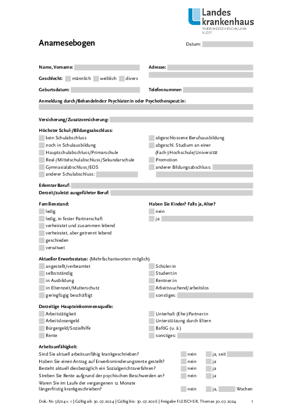 Aufnahmefragebogen Fast Track Tagesklinik Alzey