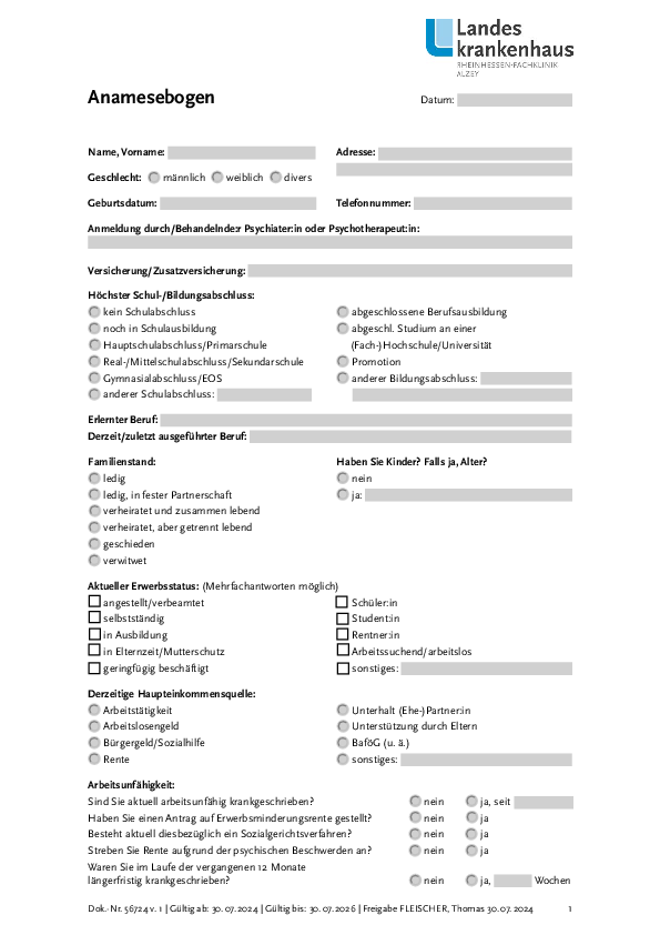 Aufnahmefragebogen Fast Track Tagesklinik Alzey