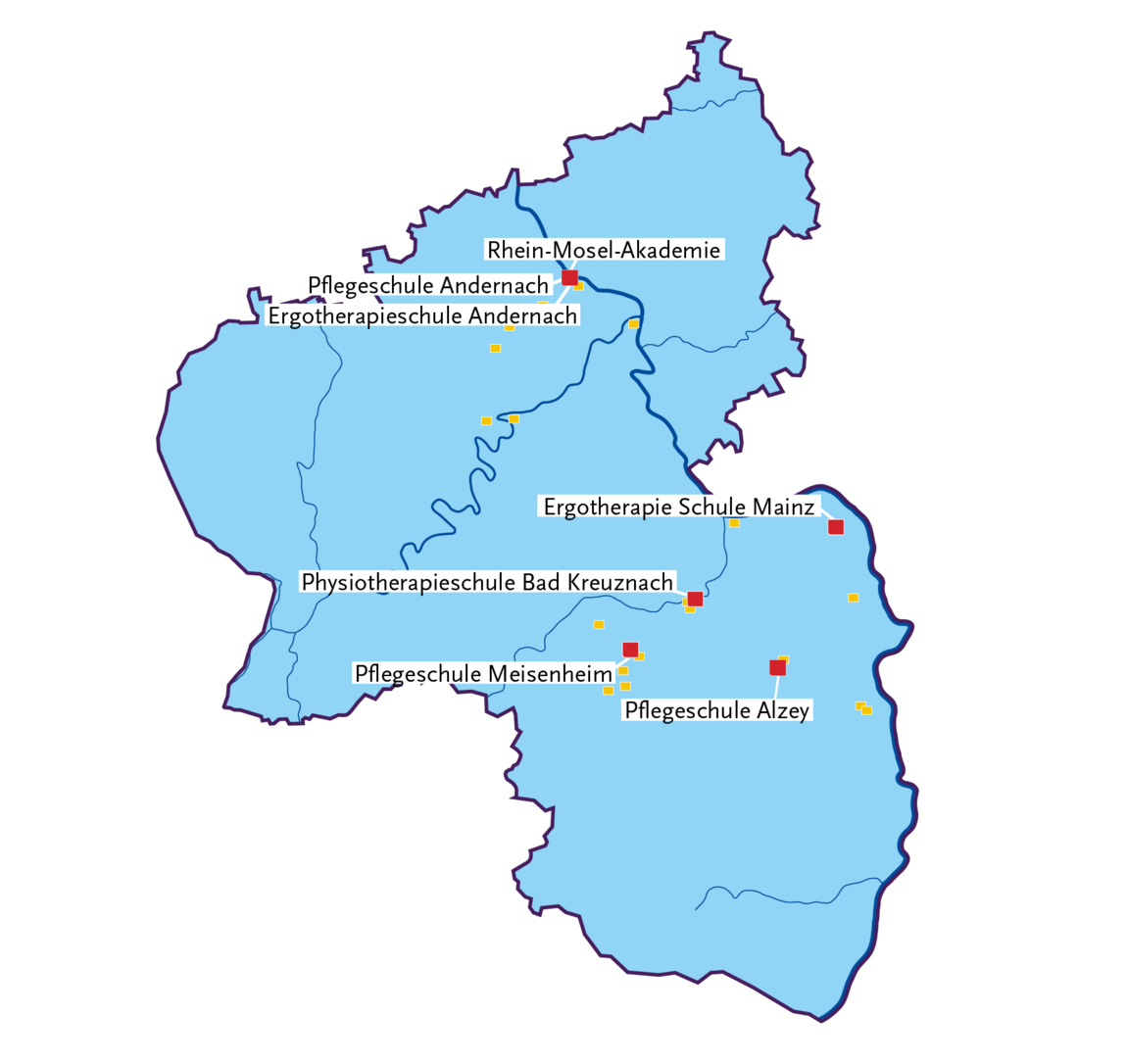 RLP-Karte mit eingezeichneten Standorten des Landeskrankenhauses